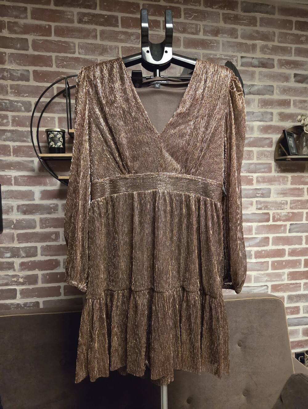Boston Proper Metallic Bronze V-Neck Tiered Dress
